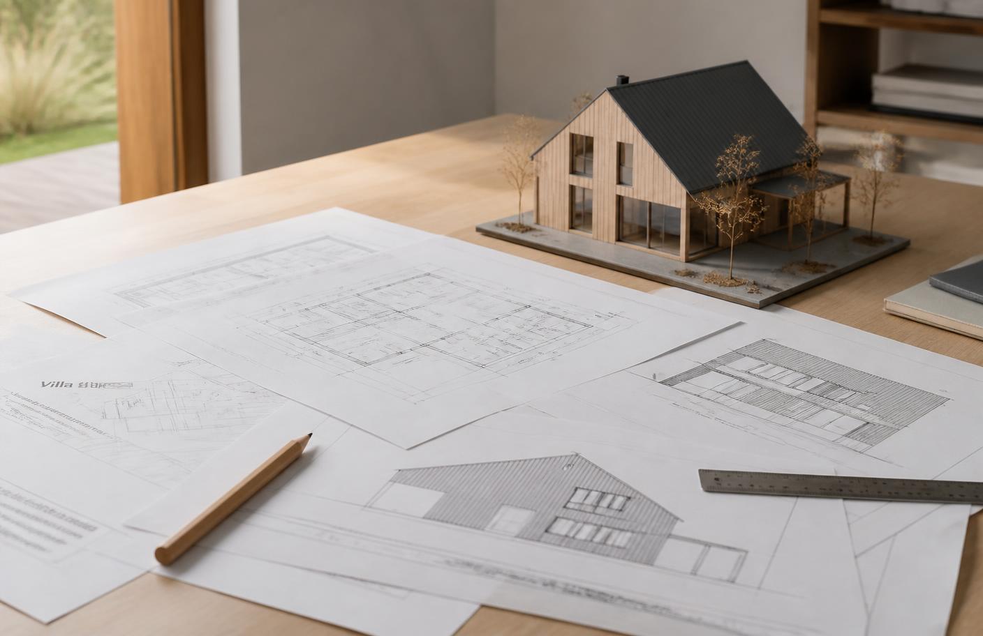 Arkitekttegninger og husmodel på tegnebord